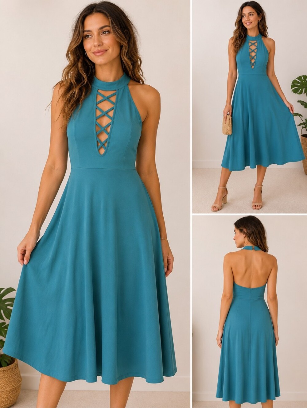 Express Teal Halter Midi Dress NWT Criss Cross Flowy Women’s Dress